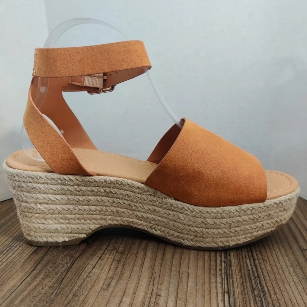 ROUGE Tradition Espadrille Sandals Ankle Strap Tan Faux Suede Platform Women 8.5